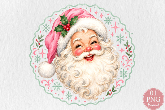 Vintage Pink Santa Claus Face PNG Cute Christmas Watercolor Sublimation Design