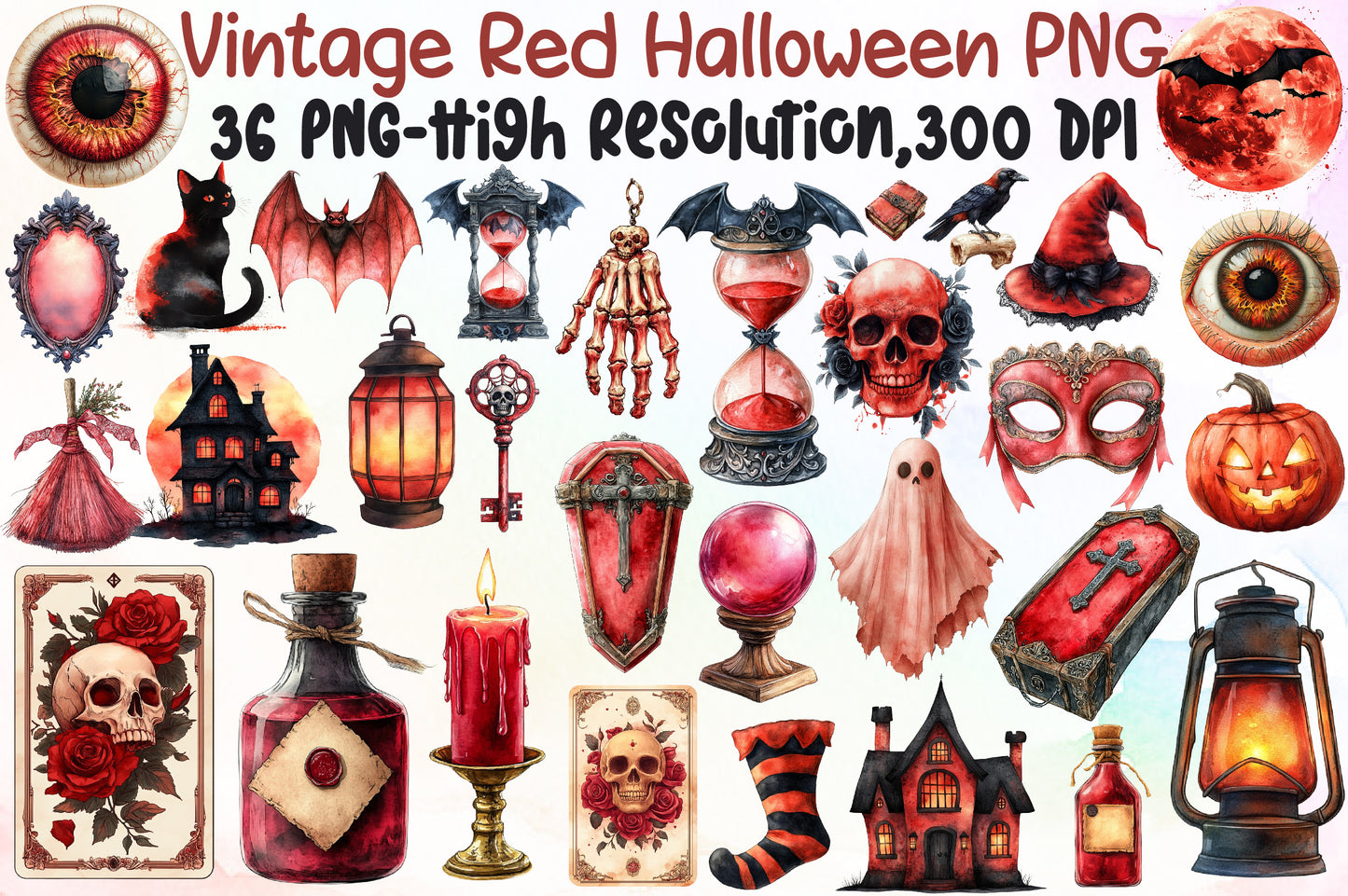 Vintage Red Halloween PNG Clipart Bundle