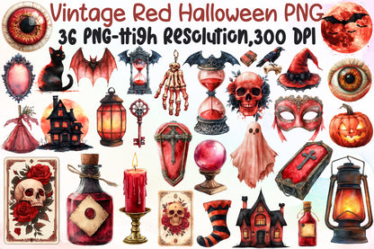 Vintage Red Halloween PNG Clipart Bundle