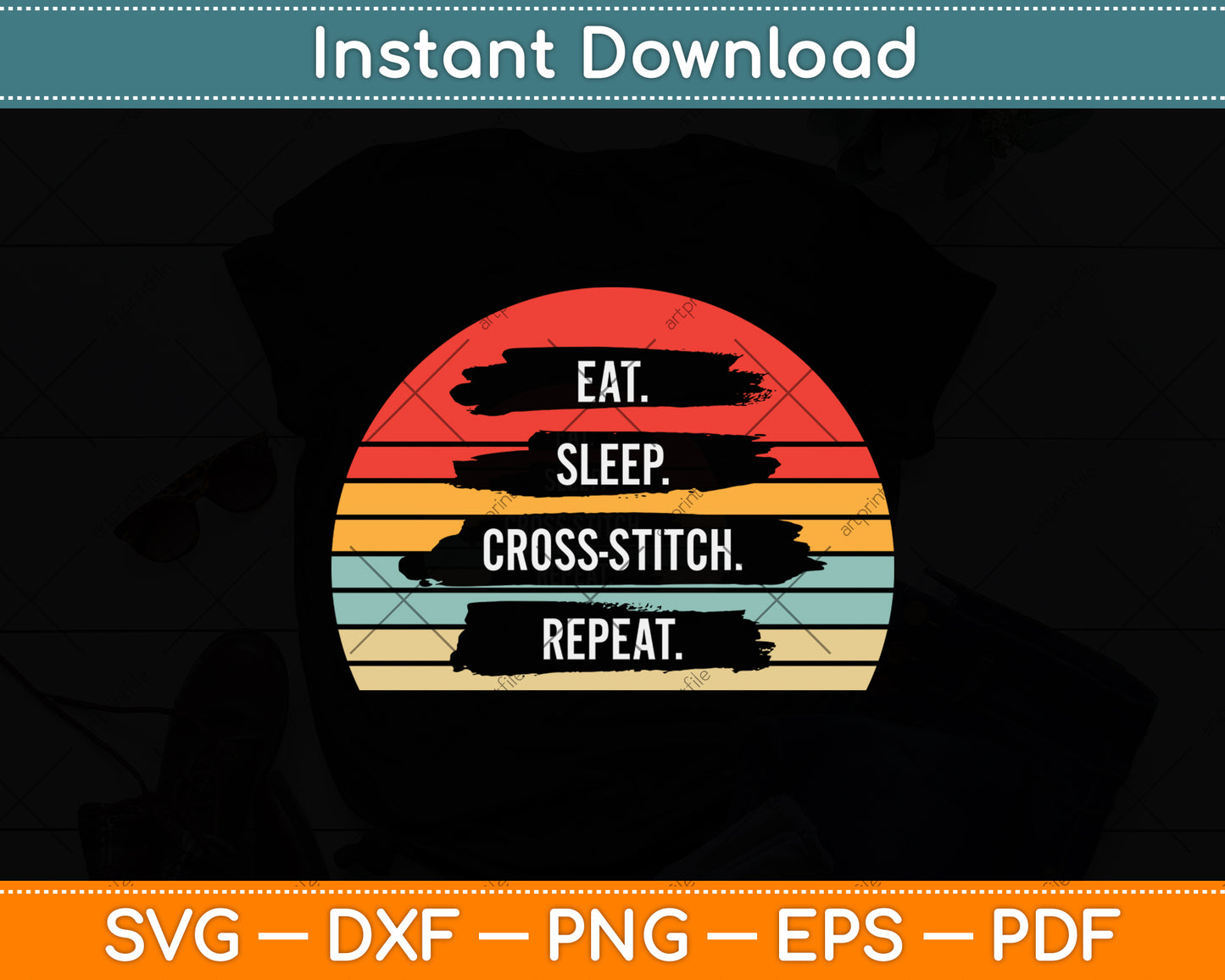Vintage Retro Eat Sleep Cross-stitch Repeat Svg Png Dxf Digital Cutting File