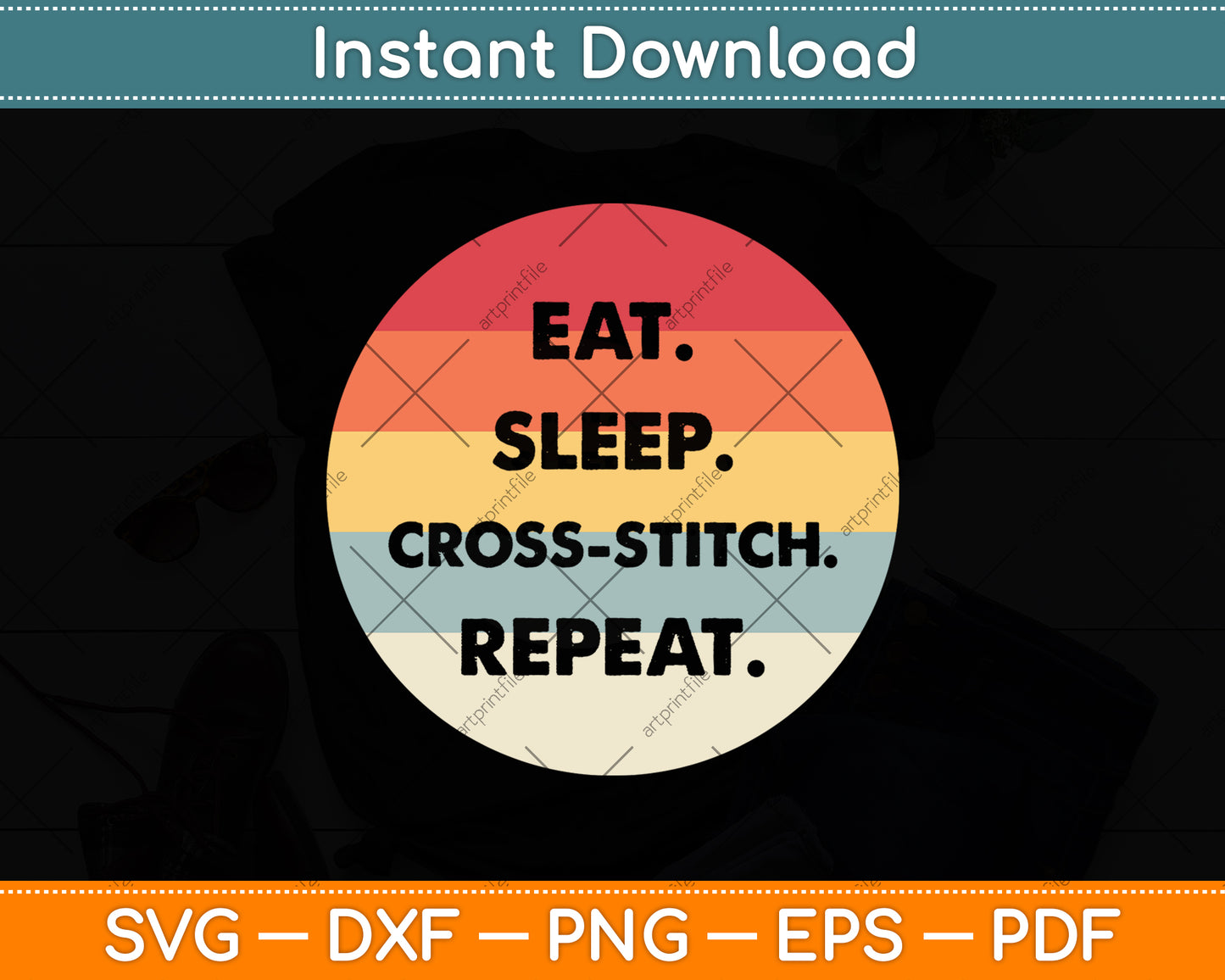 Vintage Retro Eat Sleep Cross-stitch Repeat Svg Design Cutting File
