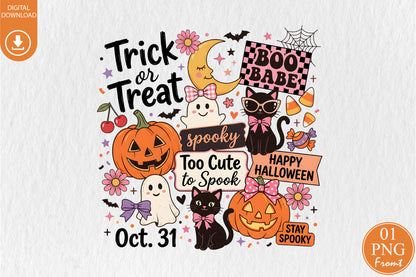 Trick or Treat Halloween PNG Spooky Cute Pumpkin Ghost Sublimation Design