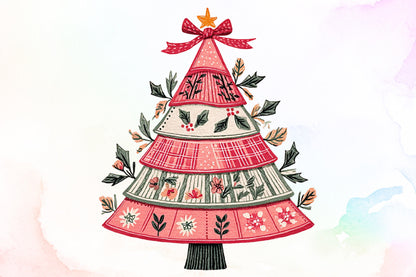 Vintage Retro Patchwork Christmas Tree PNG