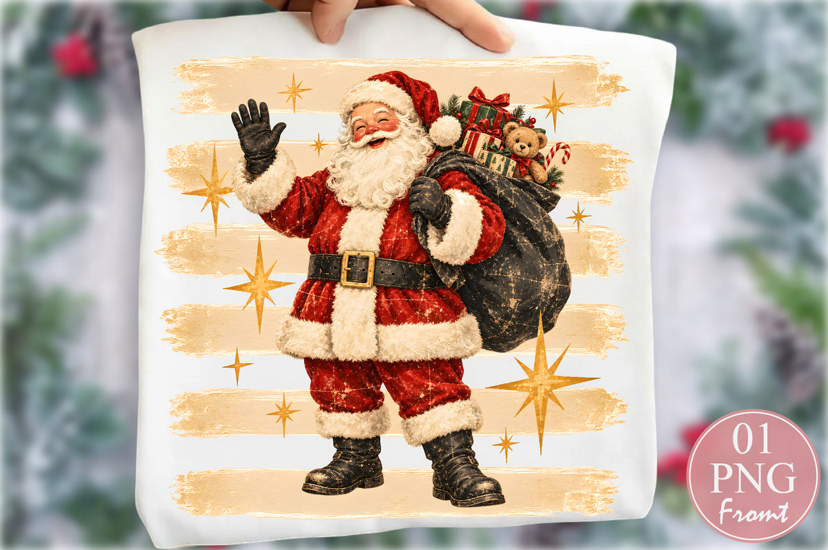 Vintage Santa Claus Christmas PNG Retro Santa Gift Bag Sublimation