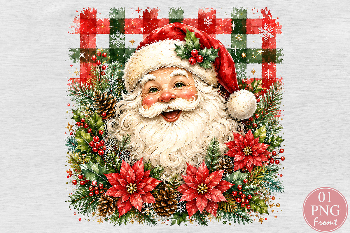 Vintage Santa Claus Face PNG Christmas Poinsettia Plaid Sublimation Design