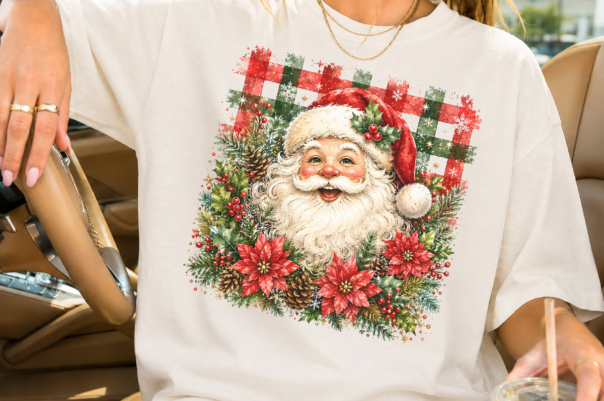 Vintage Santa Claus Face PNG Christmas Poinsettia Plaid Sublimation Design