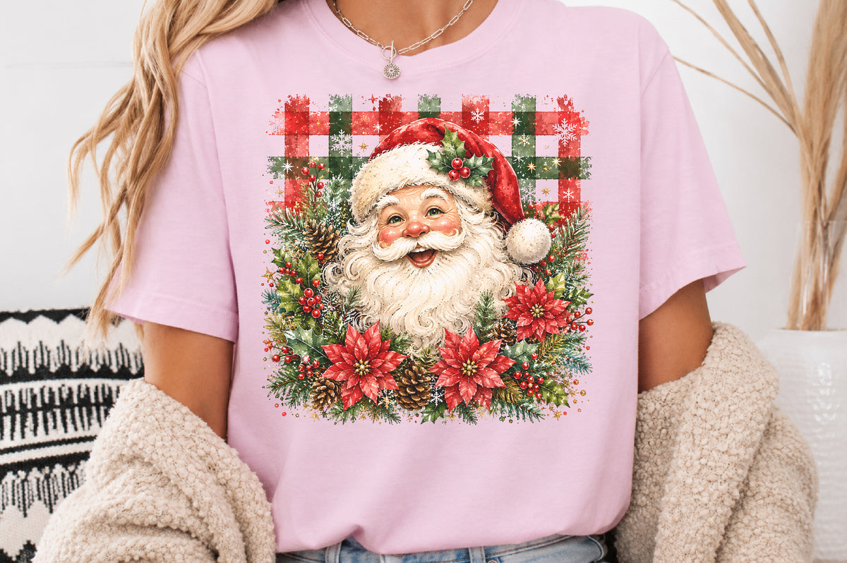 Vintage Santa Claus Face PNG Christmas Poinsettia Plaid Sublimation Design