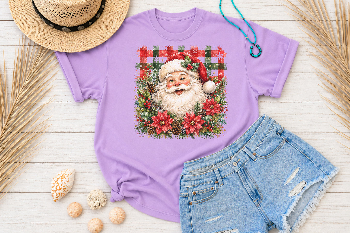 Vintage Santa Claus Face PNG Christmas Poinsettia Plaid Sublimation Design