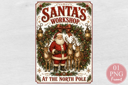 Vintage Santa Workshop PNG, Christmas Santa and Reindeer Design