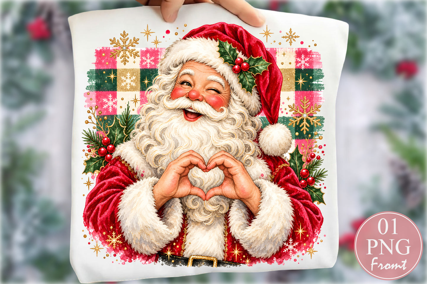 Vintage Santa Claus Heart Hands PNG Christmas Retro Holiday Sublimation Design