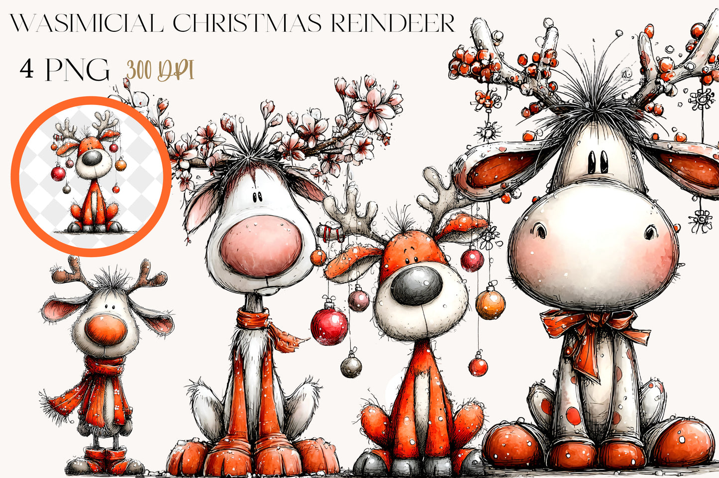 Whimsical Christmas Reindeer Clipart PNG Bundle