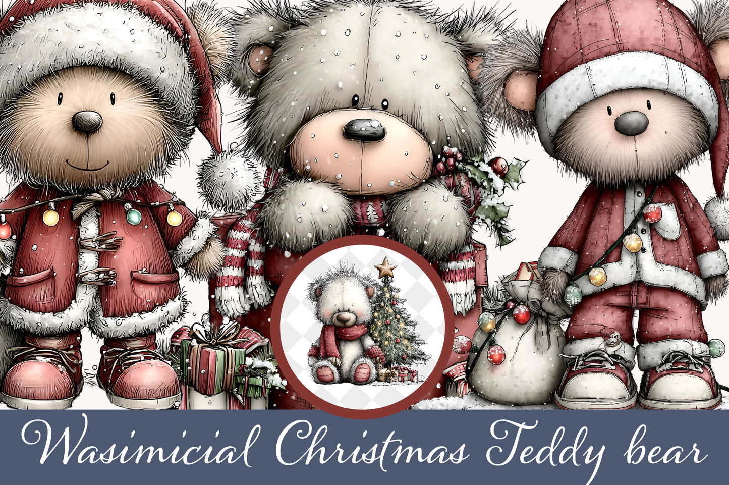 Whimsical Christmas Teddy Bear Clipart PNG Bundle