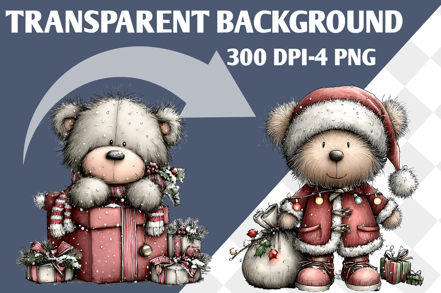 Whimsical Christmas Teddy Bear Clipart PNG Bundle