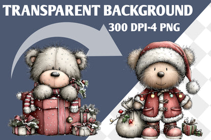 Whimsical Christmas Teddy Bear Clipart PNG Bundle