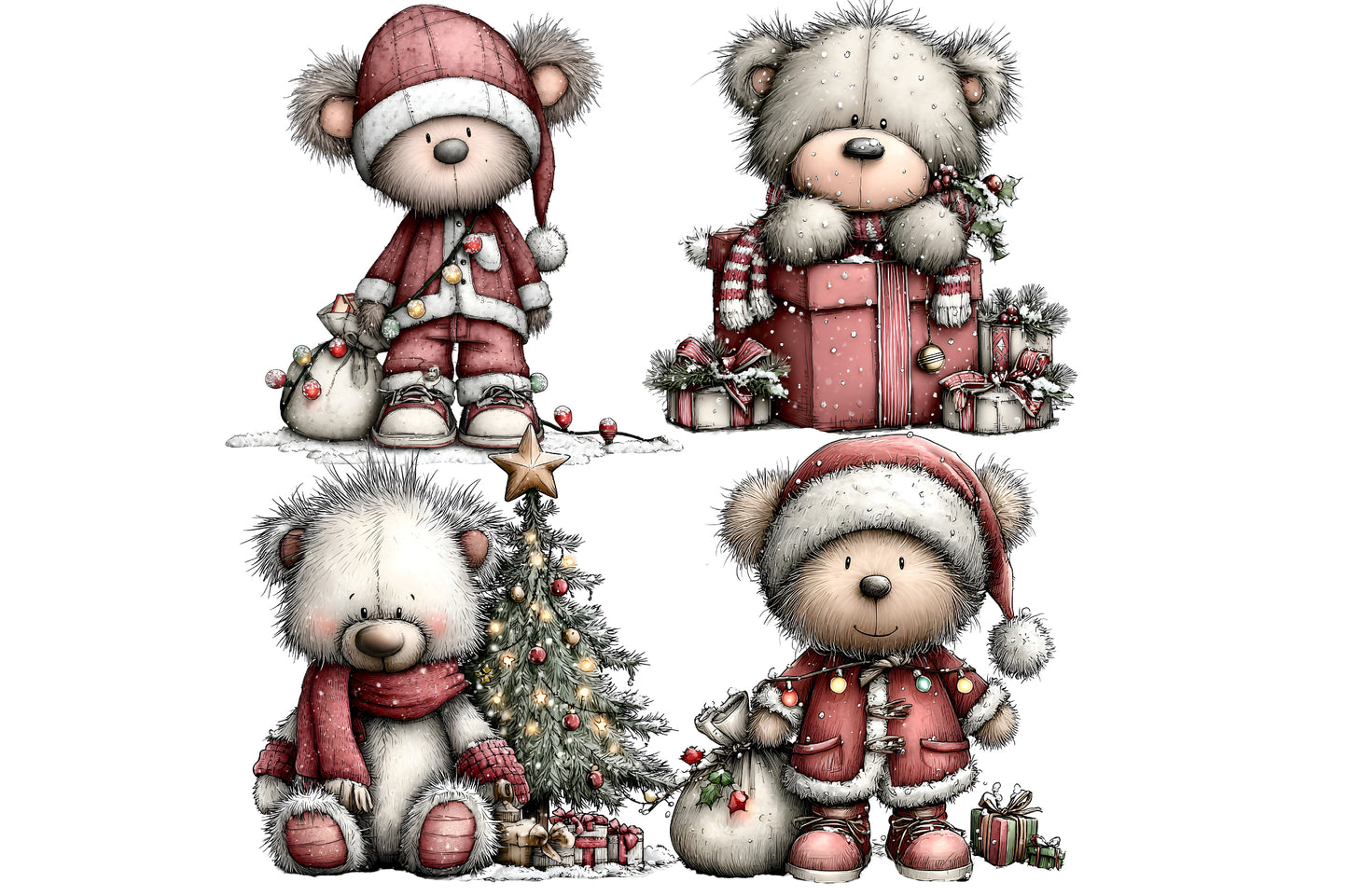 Whimsical Christmas Teddy Bear Clipart PNG Bundle