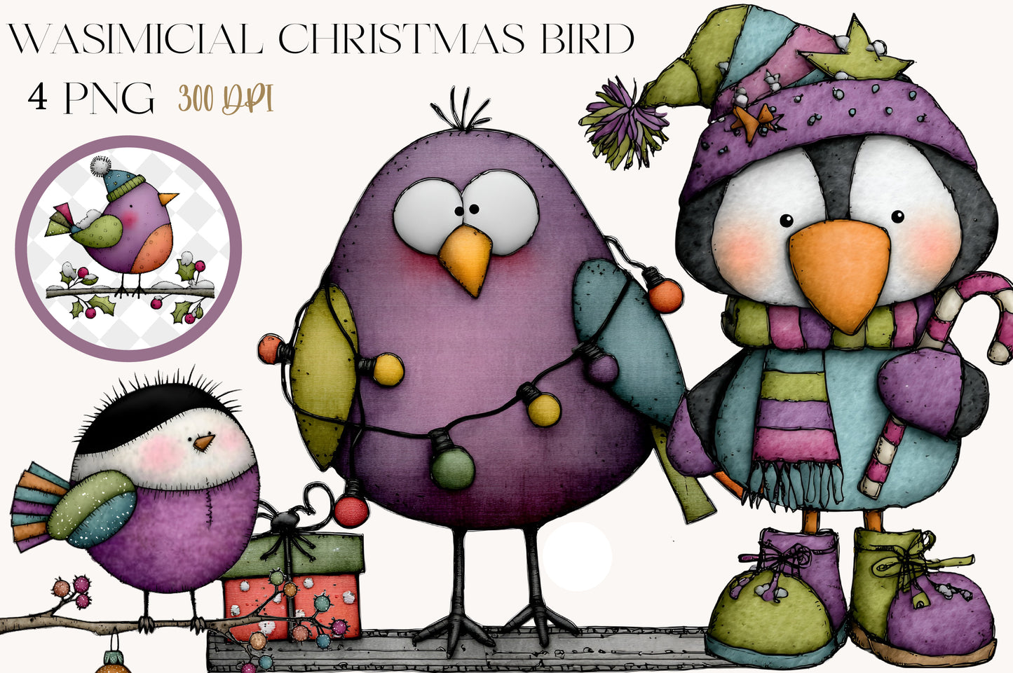Whimsical Christmas Bird Clipart PNG Bundle