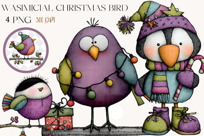 Whimsical Christmas Bird Clipart PNG Bundle