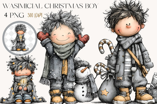 Whimsical Christmas Boy Clipart PNG Bundle