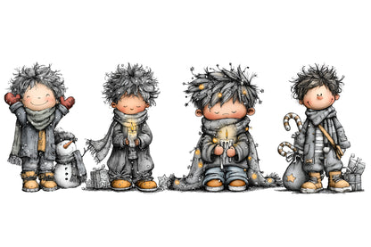 Whimsical Christmas Boy Clipart PNG Bundle
