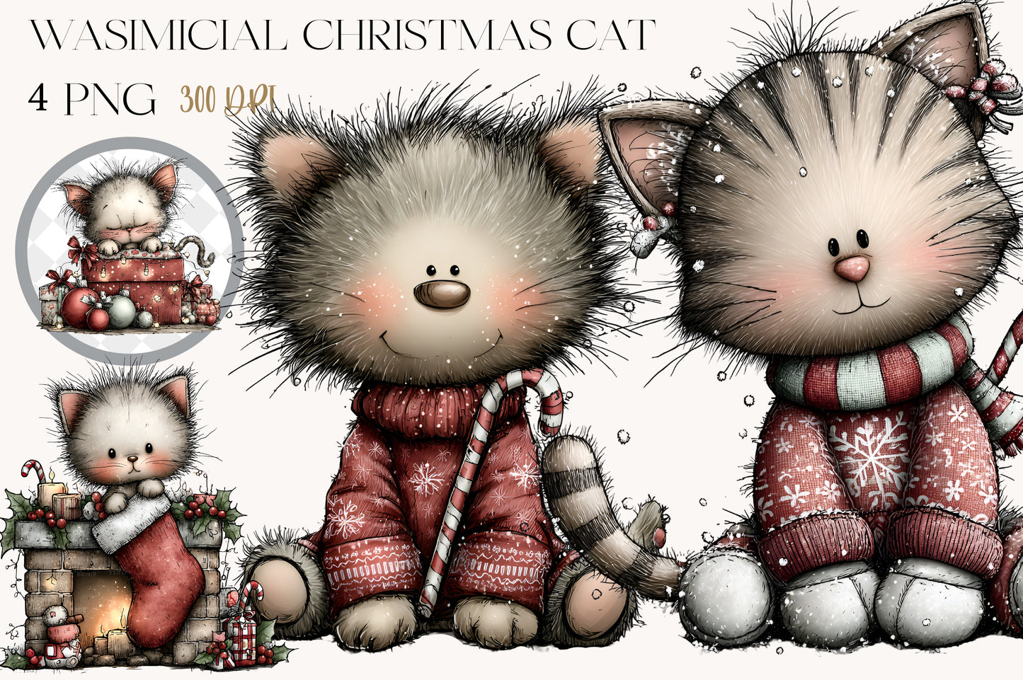 Whimsical Christmas Cat Clipart PNG Bundle