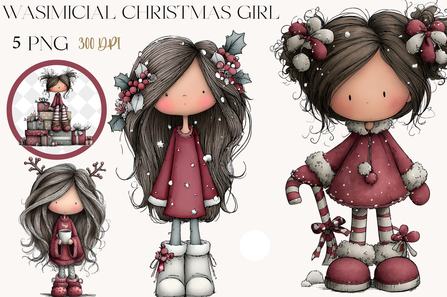 Whimsical Christmas Girl Clipart PNG Bundle