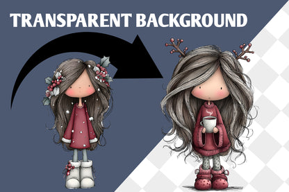 Whimsical Christmas Girl Clipart PNG Bundle