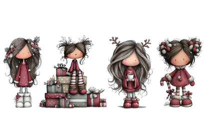 Whimsical Christmas Girl Clipart PNG Bundle