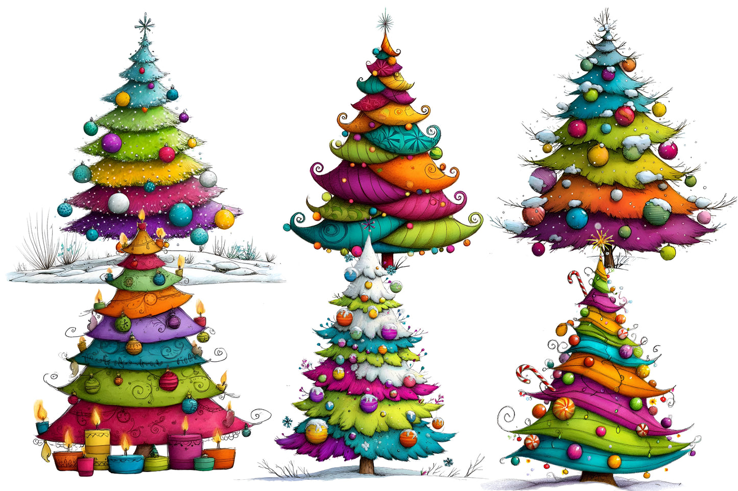 Whimsical Christmas Tree Clipart PNG Bundle