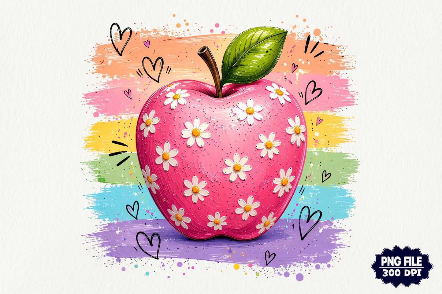 Colorful Teacher Apple Daisy PNG | Cute School Back to School Sublimation