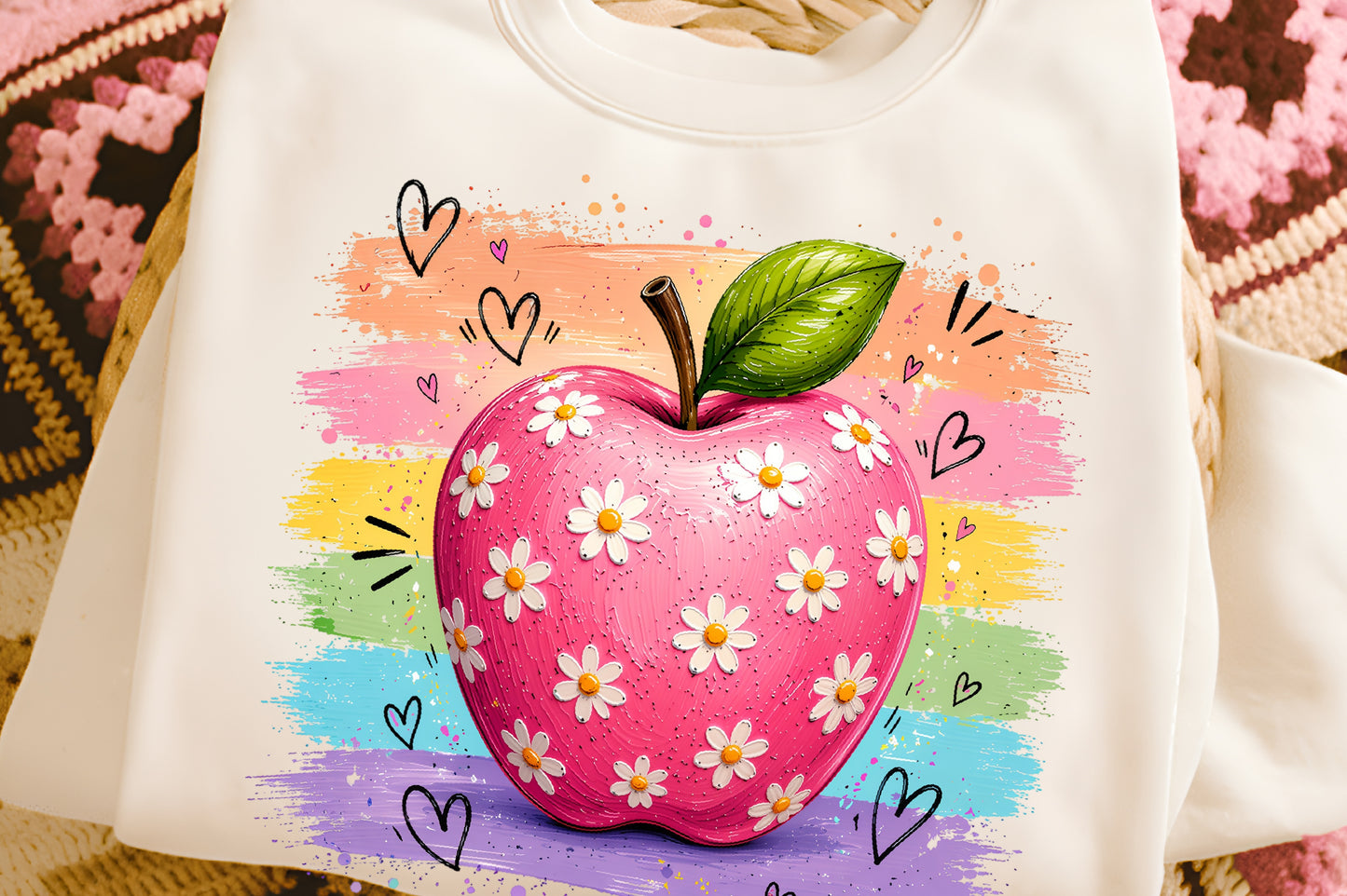 Colorful Teacher Apple Daisy PNG | Cute School Back to School Sublimation