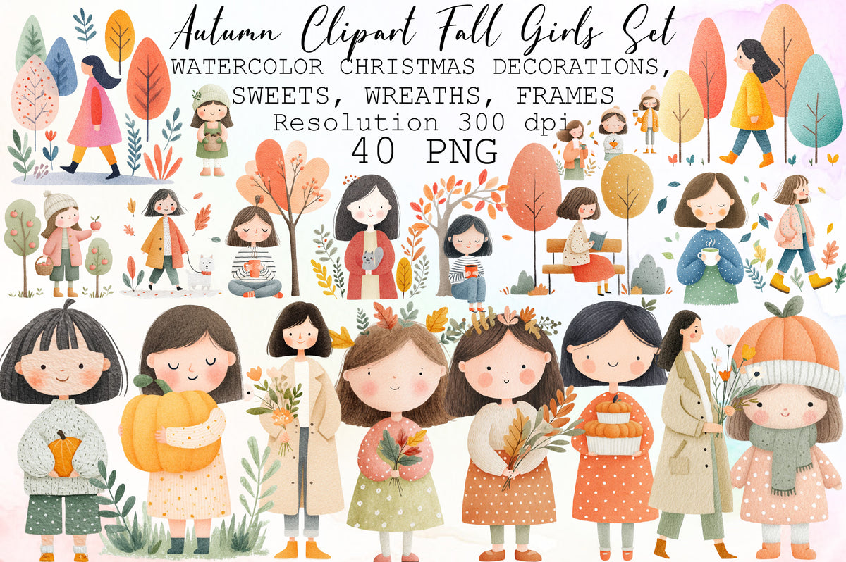 Watercolor Autumn Fall Girls Clipart PNG Bundle