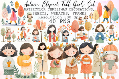 Watercolor Autumn Fall Girls Clipart PNG Bundle