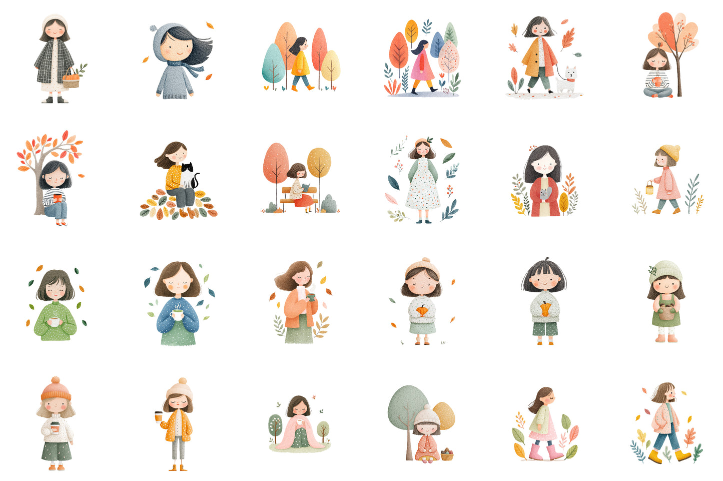 Watercolor Autumn Fall Girls Clipart PNG Bundle