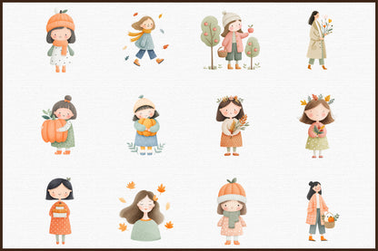 Watercolor Autumn Fall Girls Clipart PNG Bundle