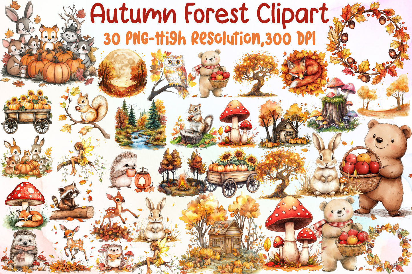 Watercolor Autumn Forest PNG Bundle Fall Woodland Clipart