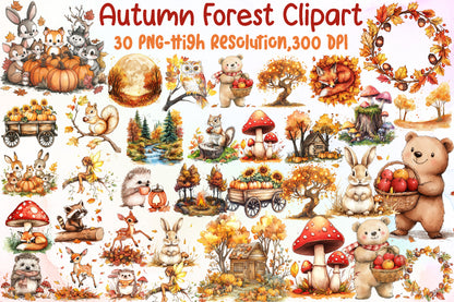 Watercolor Autumn Forest PNG Bundle Fall Woodland Clipart