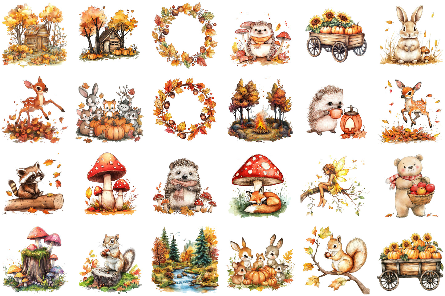 Watercolor Autumn Forest PNG Bundle Fall Woodland Clipart
