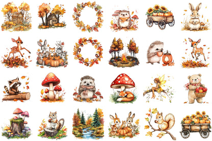 Watercolor Autumn Forest PNG Bundle Fall Woodland Clipart
