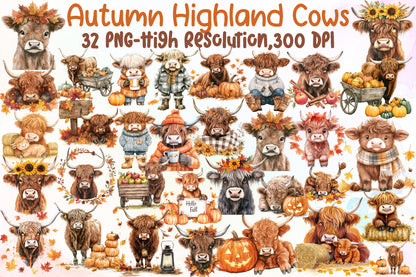 Watercolor Autumn Highland Cow PNG Bundle Fall Cow Clipart