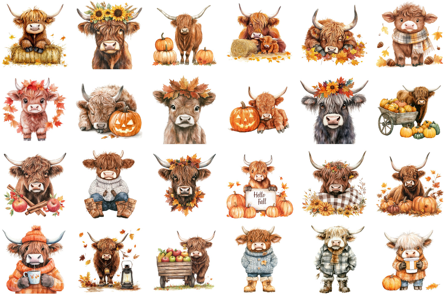Watercolor Autumn Highland Cow PNG Bundle Fall Cow Clipart