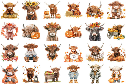 Watercolor Autumn Highland Cow PNG Bundle Fall Cow Clipart