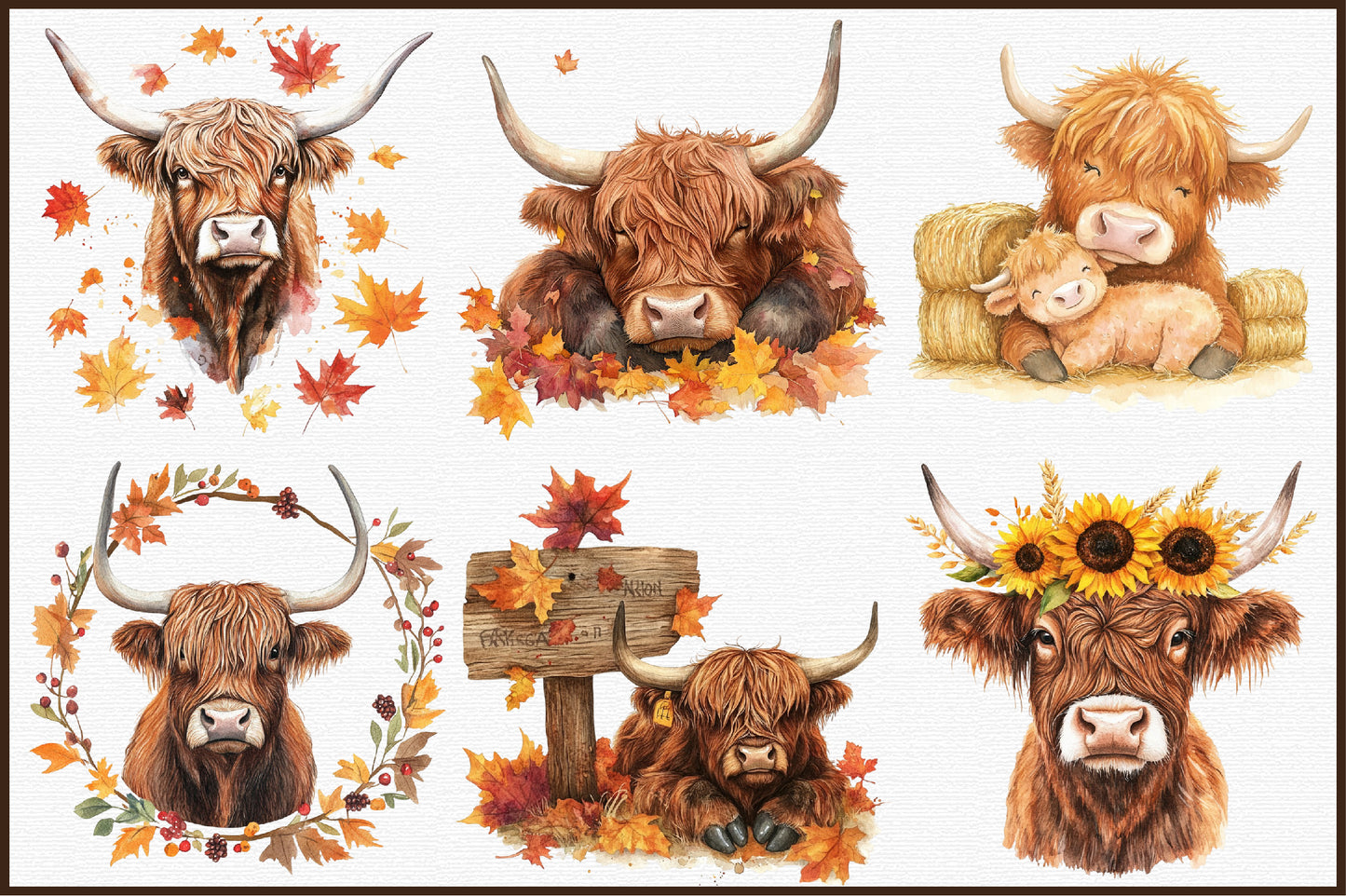 Watercolor Autumn Highland Cow PNG Bundle Fall Cow Clipart