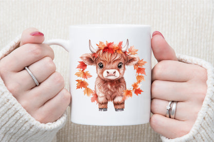 Watercolor Autumn Highland Cow PNG Bundle Fall Cow Clipart