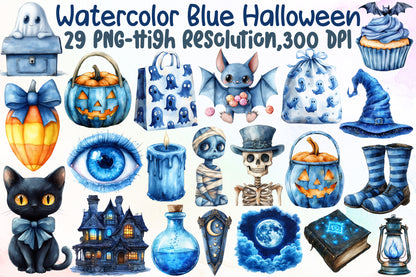 Watercolor Blue Halloween Clipart Bundle PNG