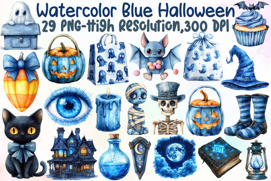 Watercolor Blue Halloween Clipart Bundle PNG