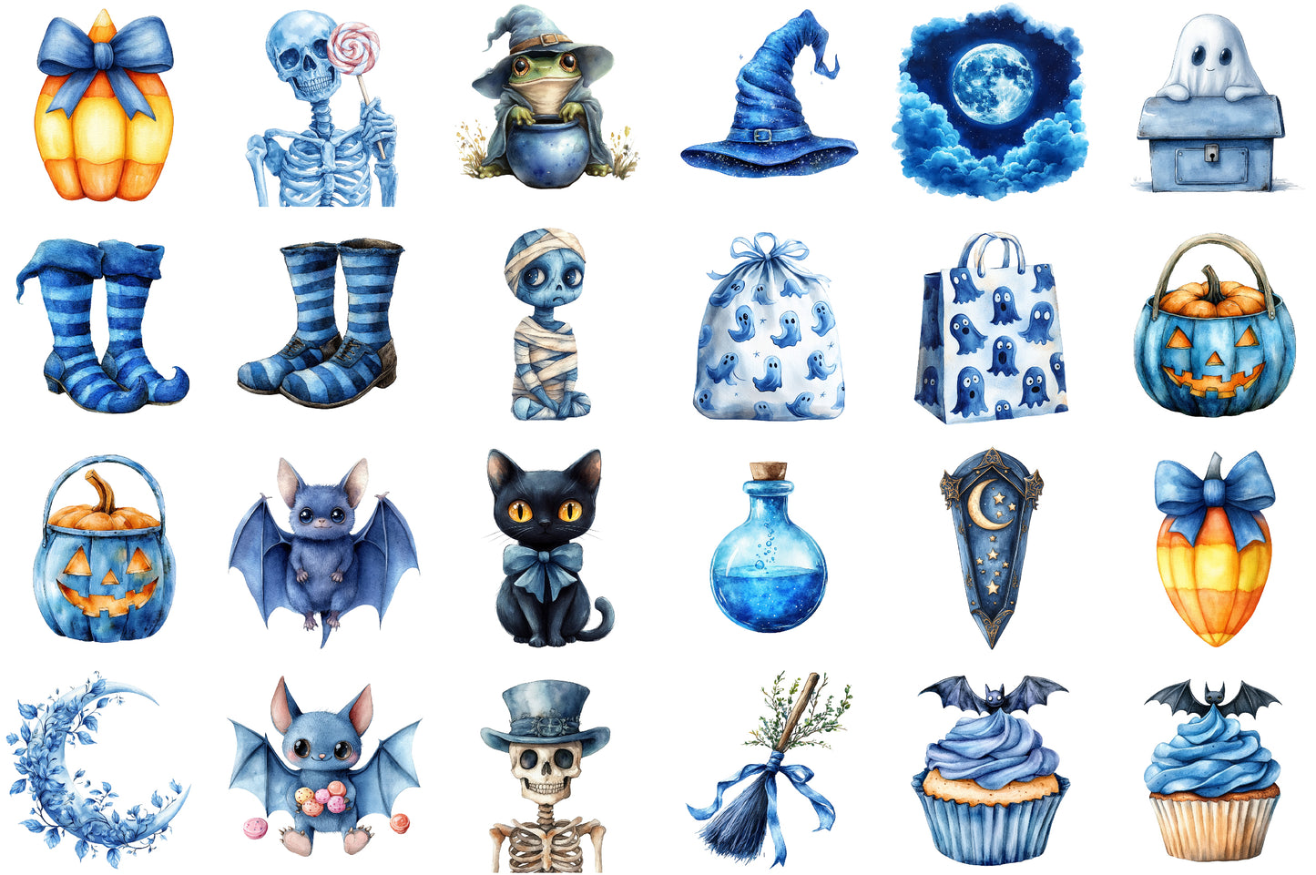 Watercolor Blue Halloween Clipart Bundle PNG