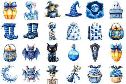Watercolor Blue Halloween Clipart Bundle PNG