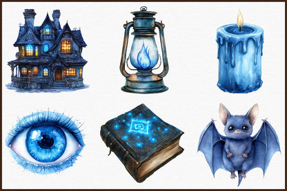 Watercolor Blue Halloween Clipart Bundle PNG