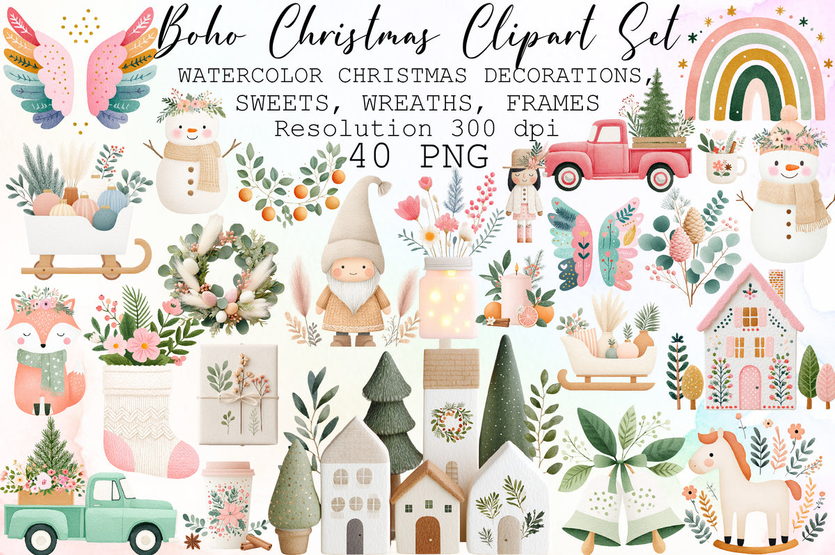 Boho Christmas Watercolor Clipart PNG Bundle