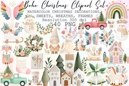 Boho Christmas Watercolor Clipart PNG Bundle